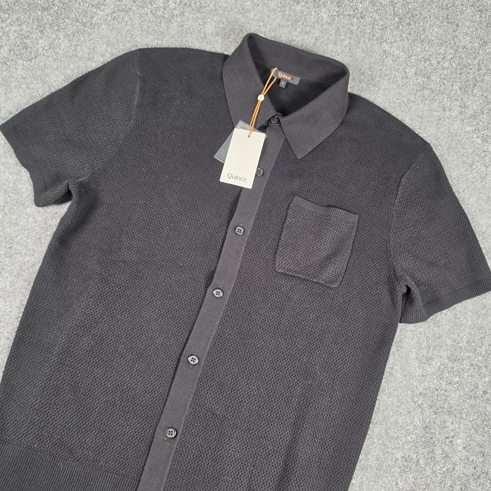 Quince Sweater Polo Men L Black Organic Cotton Mesh Stitch Button Up NWT